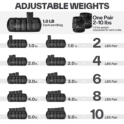 Adjustable Ankle Weights Set - 1 Pair (2-10 lbs.) Removable Sandbags